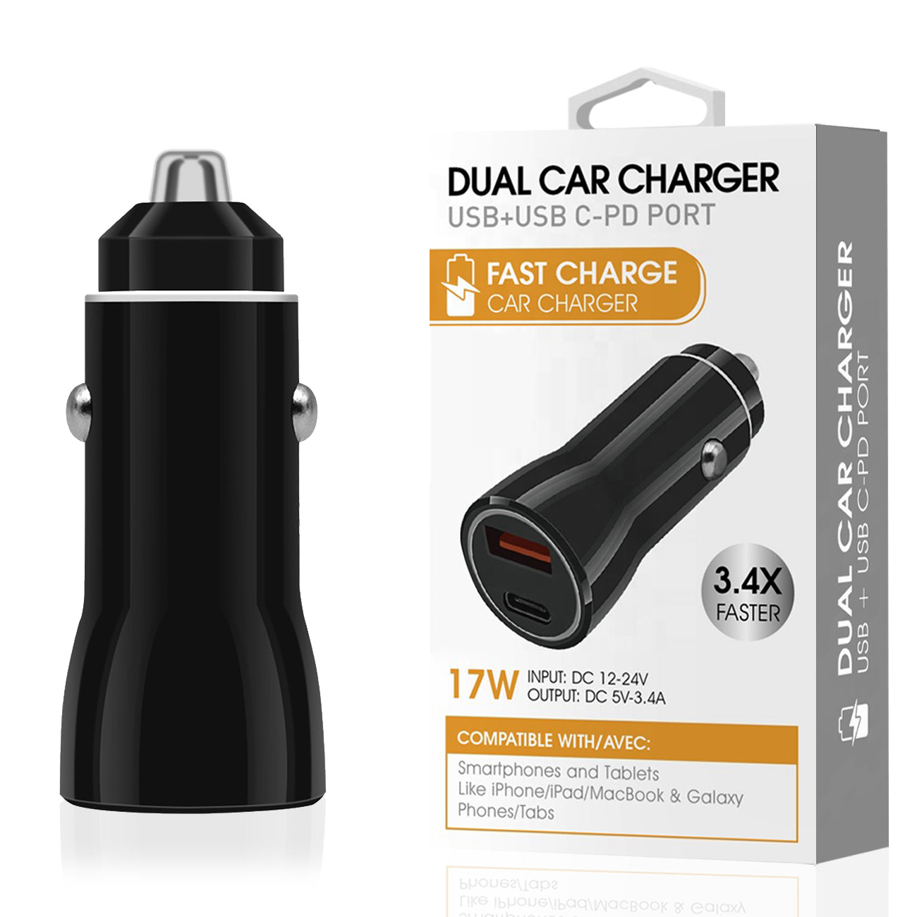 USB & USB-C PD port Dual Car charger In Black SKU:CC12-3A5VBK